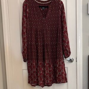 Mauve Wine Red Paisley Print Long-Sleeve Tiered Dress